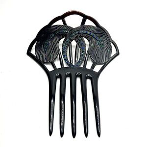 Antique Art Deco Celluloid‎ Hair Comb w/ Peacock Swirls & Paste Crystals